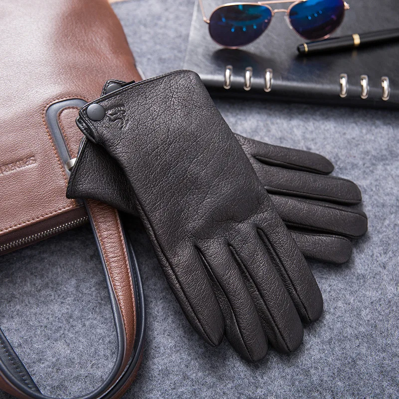 Goatskin with Deer Texture Deerskin Warm Lined Winter Black Genuine Leather Gloves Business Fashion for Men