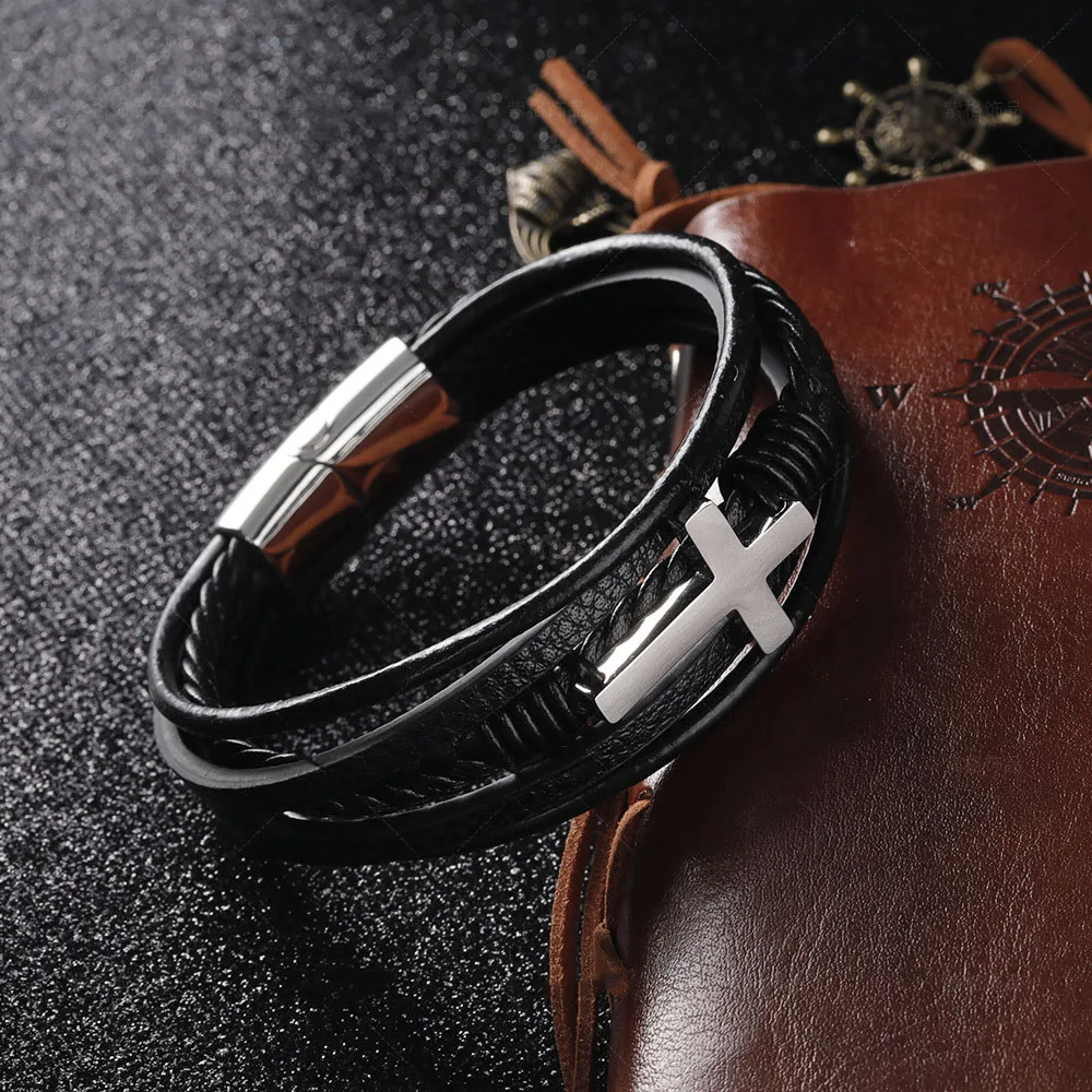 Valentines Day Jewelry Gold Plated Titanium Cross Christian Braided Genuine Leather Bracelet Multilayer for Men