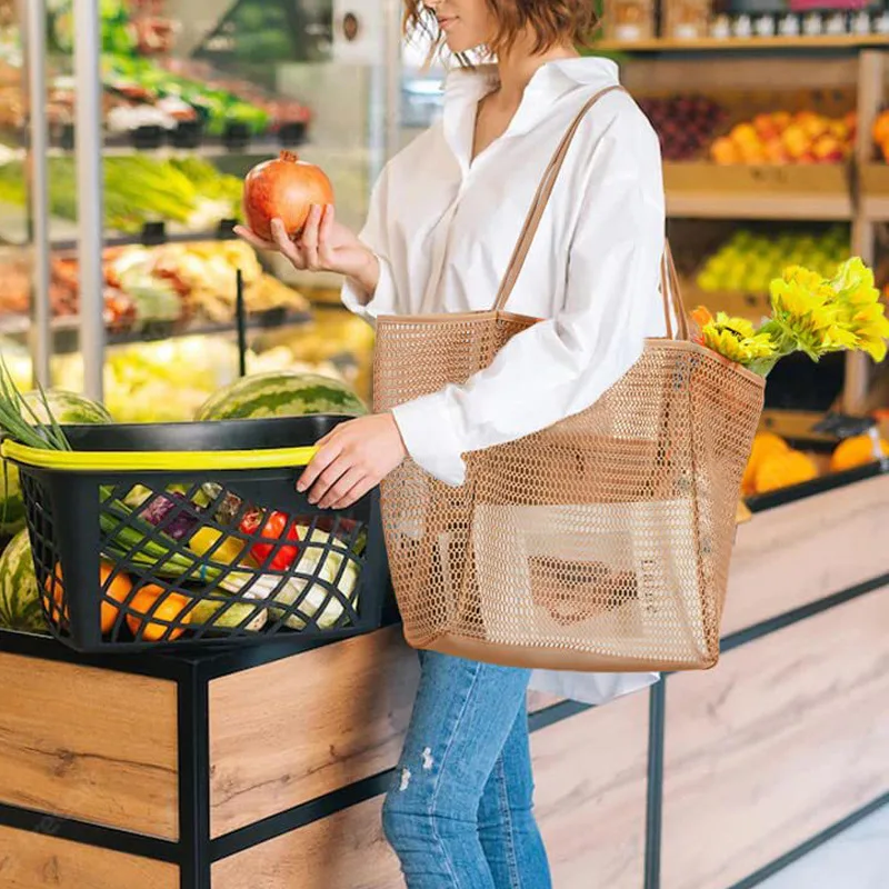 Fashion Mesh Beach Tote Bag Outdoor Polyester Women foldable Shoulder Handbag Custom Beach Tote Bags