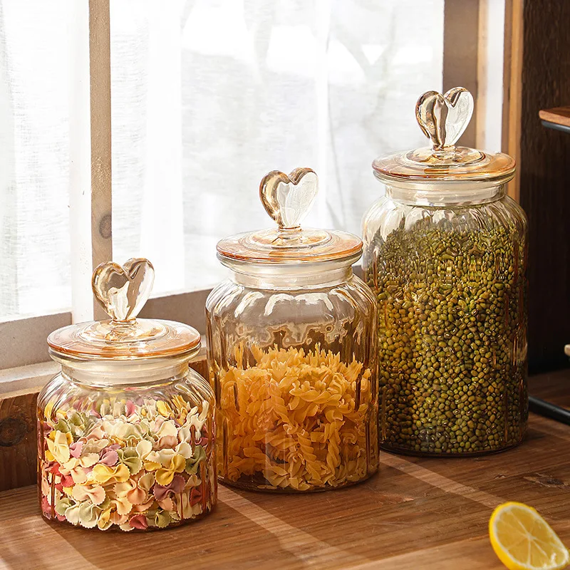 Glass sealed jar creative love storage jar transparent amber high-value snacks candy tea storage with lid food grade glass