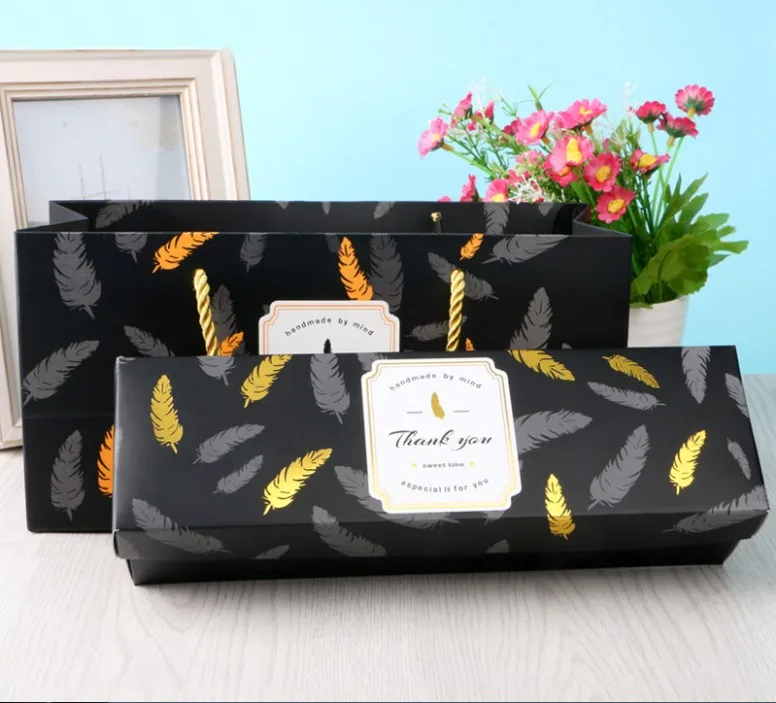 Wholesale Custom New Design Feather Printed Paper Bag with Box Set for Candy Cake Food Biscuit Mooncake Gift Packaging