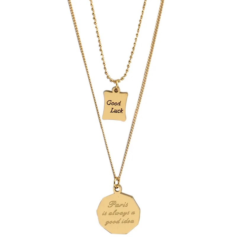 Custom Double Layer Necklace Classic Titanium Steel Pendant Necklace Gold Coin Fashion Necklace for Women Unisex