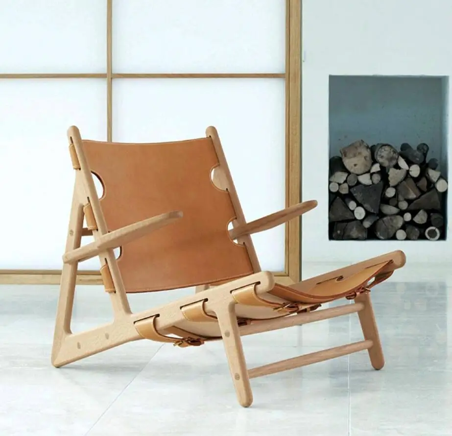 Mid Century Danish Design Spanish Living Room Hotel Furniture OAK Lounge Chair Handmade Saddle Genuine Leather Hunting Chair