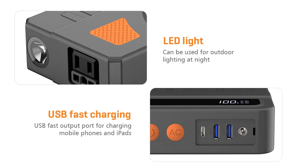 multifunction jump starter  800A peak car jump starter ,Portable Power with AC 100W 2 in 1,fast charging ,flashlighting HP100S