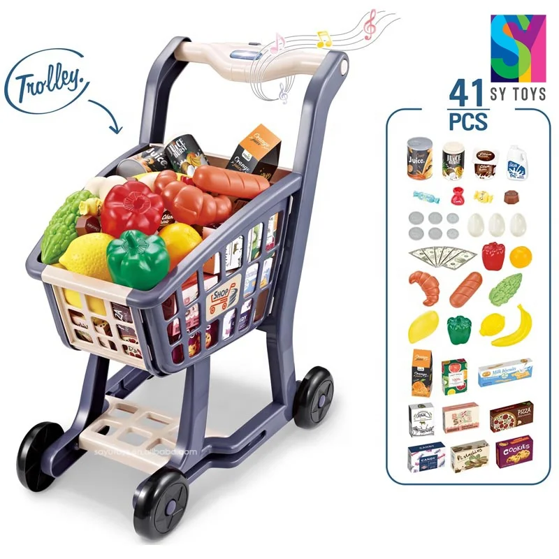 SY TOYS New Style Kids Plastic Supermarket Trolley Shopping Trolleys Cart Pretend Toy Mini Shopping Cart Toy