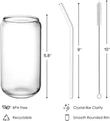 Drinking rounded rim 16oz Can Shaped Glass Cups with 4pcs reusable Glass Straw and 2 Cleaning Brushes