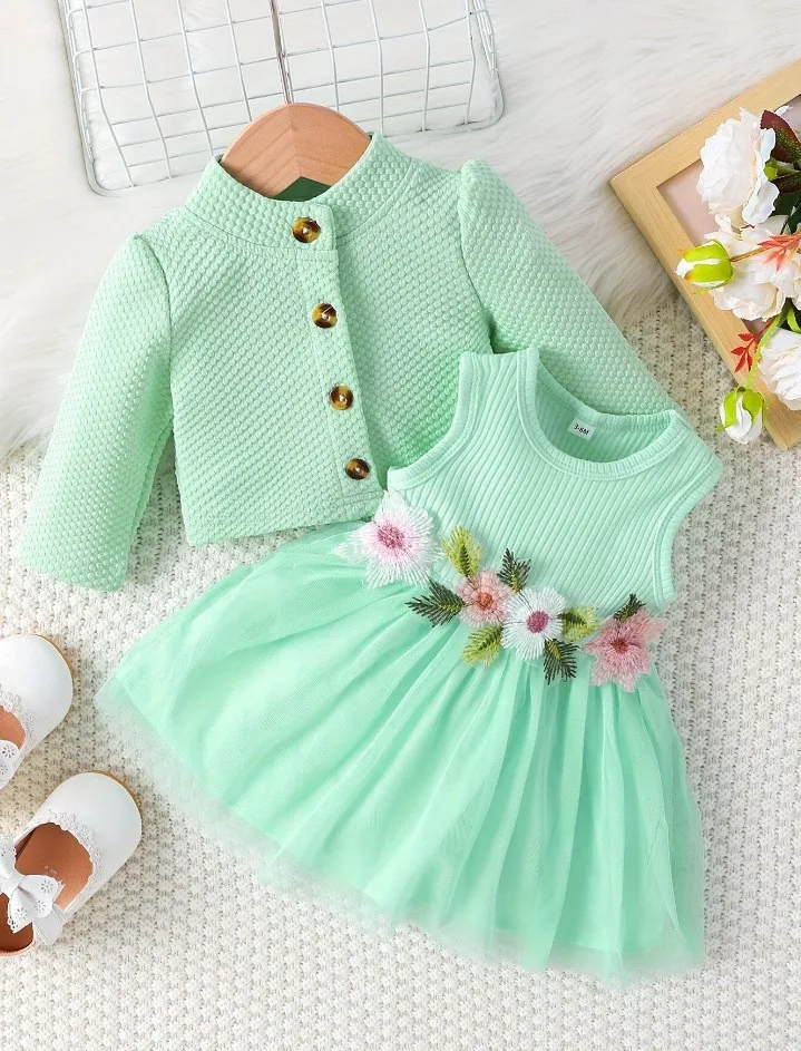 2025 Popular Infant Girls Suit Round Neck Embroidery Gauze Girls Dresses Puff Sleeve Jacket 2Pcs Girls Clothing Set