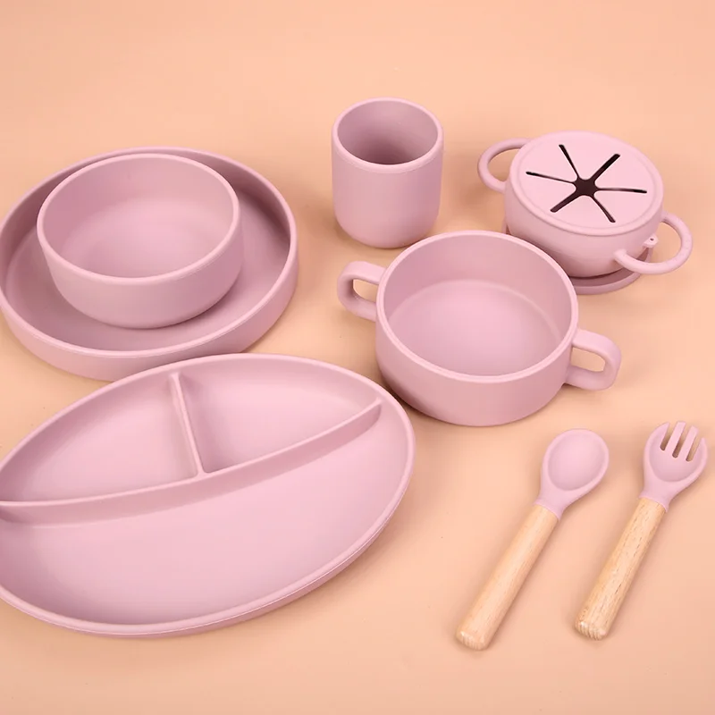 Factory Kids Tableware Feeding Set Baby Silicone Sippy Cup Placemat Bib Dish Suction Baby Silicone Bowl Plate With Spoon