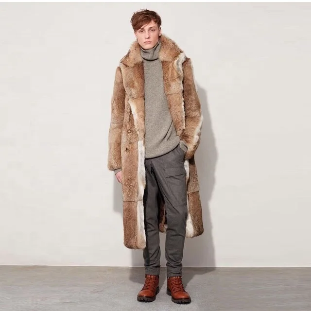 YR1226 Fashion Design Winter Mens Animal Rabbit Fur Long Coat Overcoat