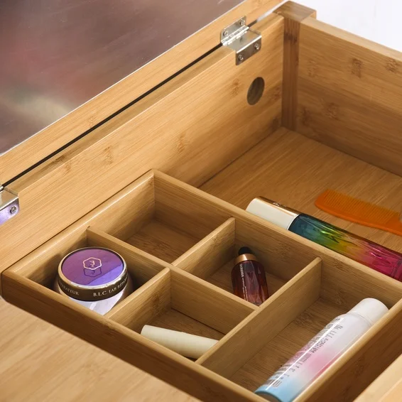 Bamboo Makeup Vanity Table Desk with Stool Flip-top Mirror 2 Drawers Deep Storage Alcove Girls Dressing Table Set for Bedroom