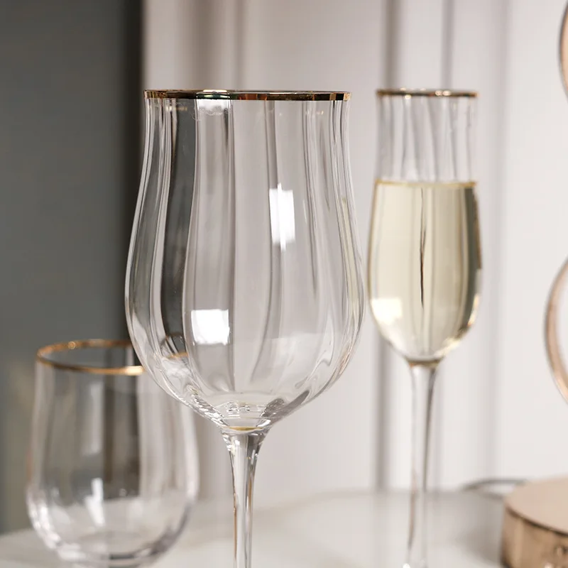Nordic Colorful  Crystal Glass Cup Wholesale Creative Vertical Stripes Wine Glass with Gold Rim