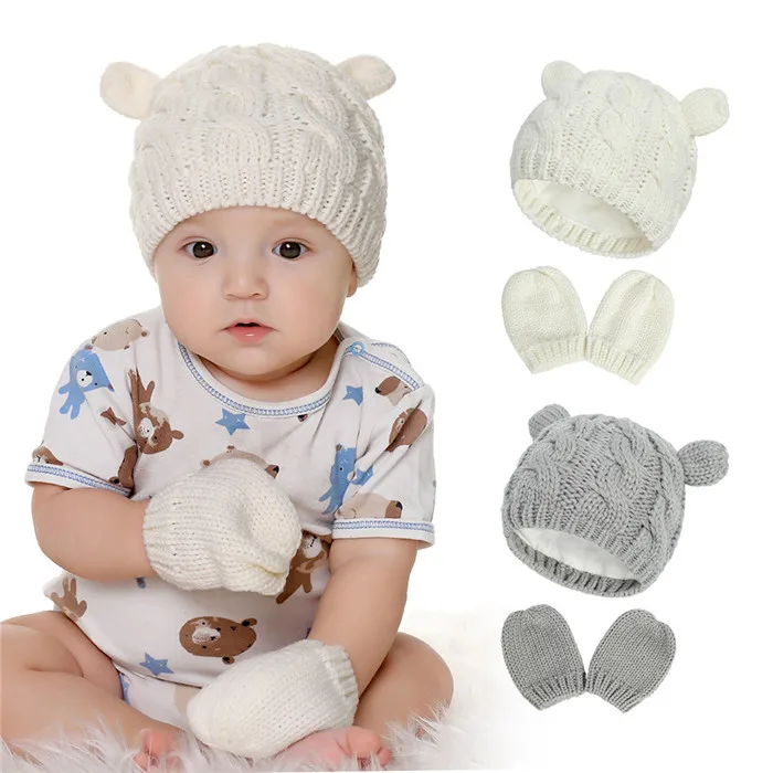 New Baby Girls Boys Winter Warm Knit Hat Ear Solid Warm Cute Glove Lovely Beanie Cap 0-18M Winter Cartoon Baby Knitted Hat