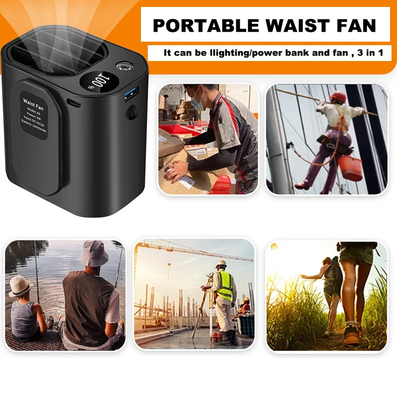 10000mAh Portable Waist Fan 3 Winds Speed  With LED Light As Outdoor Power Bank