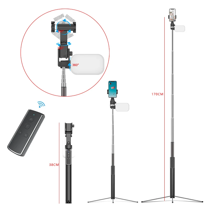 360 rotation tripod stand ring light tracking object mini smartphone selfie stick phone tripod stand