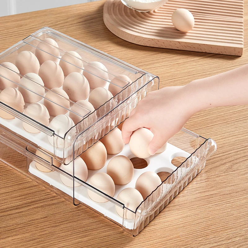 Bpa Free Two Layers Egg Container Custom Clear Plastic Fridge Storage Drawer Refrigerator Organizer Pull Out with Lids For Egg