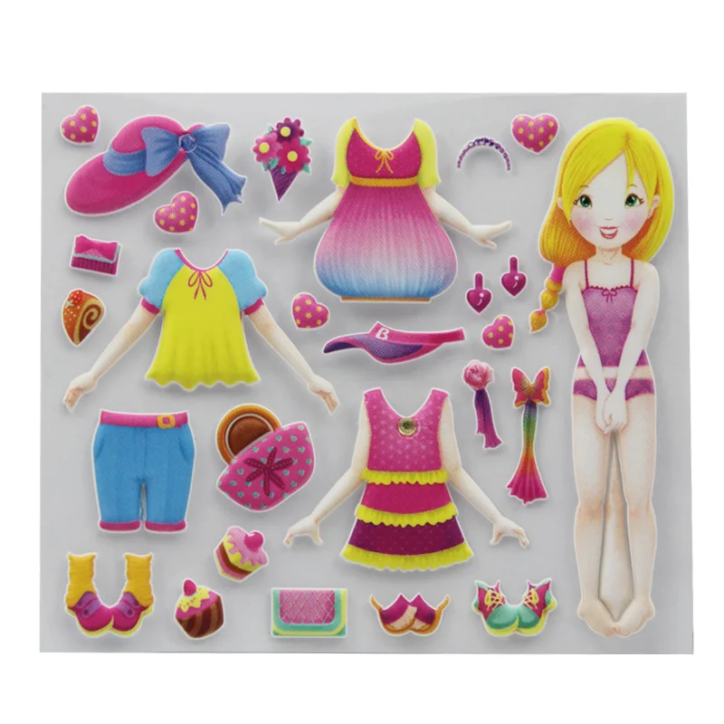 Custom Beautiful Girls Princess Dress 3D Cartoon Clothing Puffy Adhesive Sticker for Kids