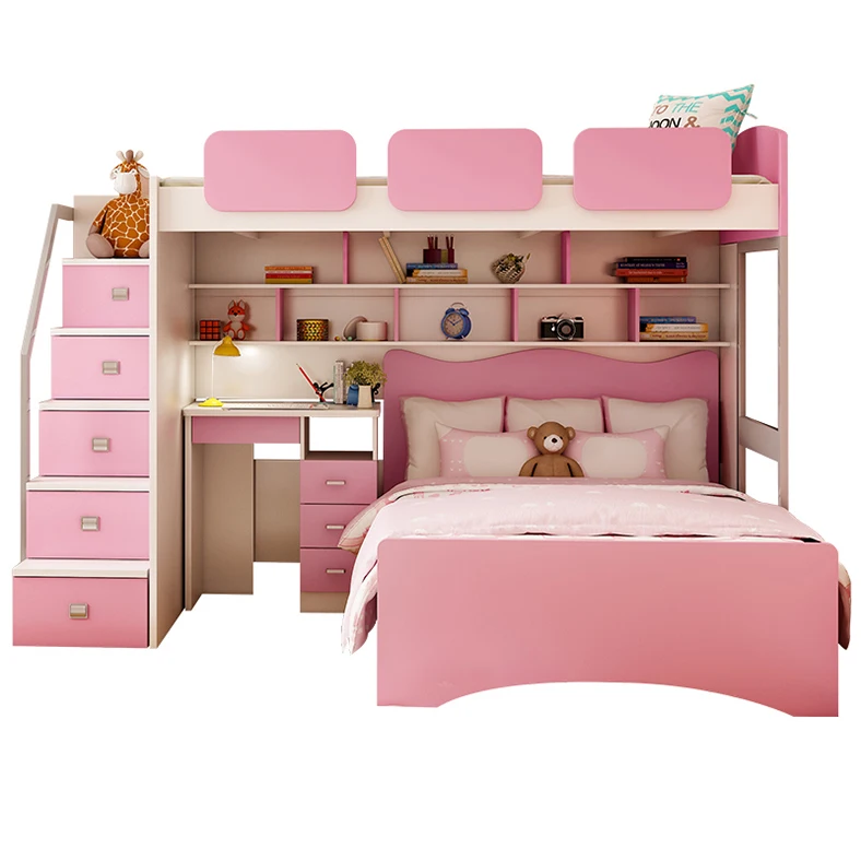 pink double multi-functional wood children bunk beds With Storage Drawers and table barbie