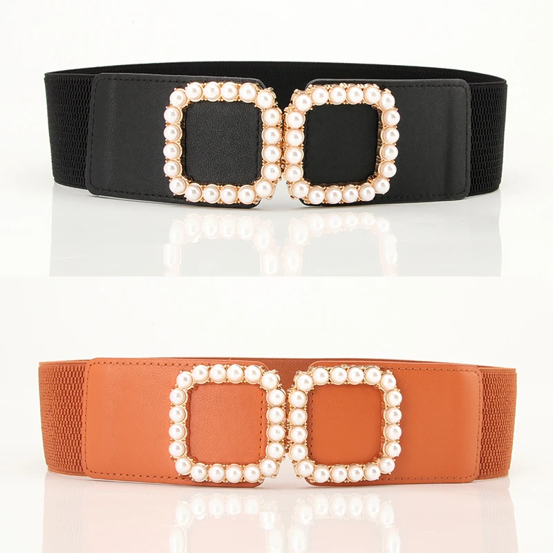 Women Retro Elastic Stretch Pearl Metal Buckle Skinny Waist Belts