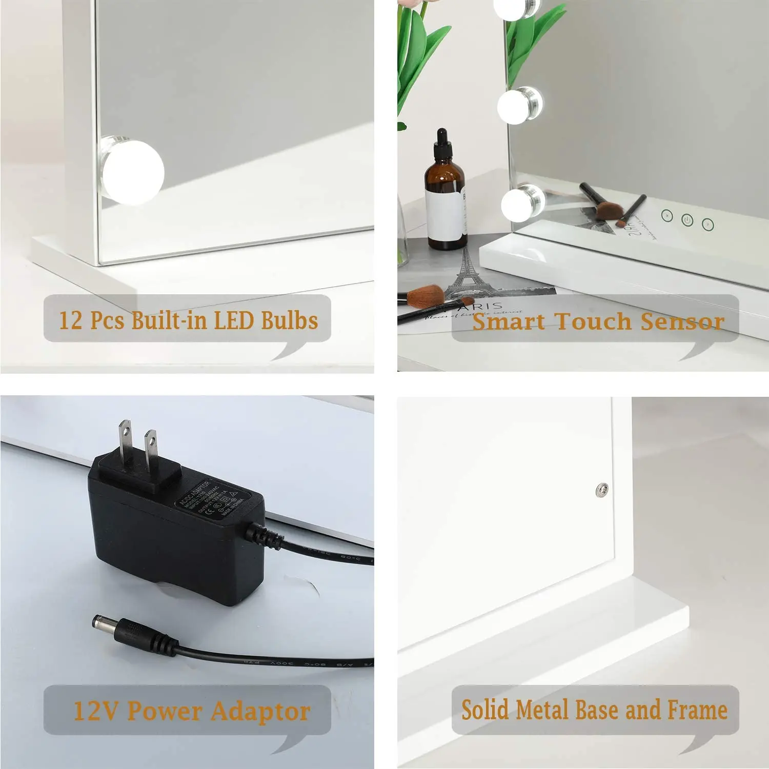 Beauty dressing table lighted  furniture vanity mirror touch sensor switch hollywood makeup mirror with LED bulbs