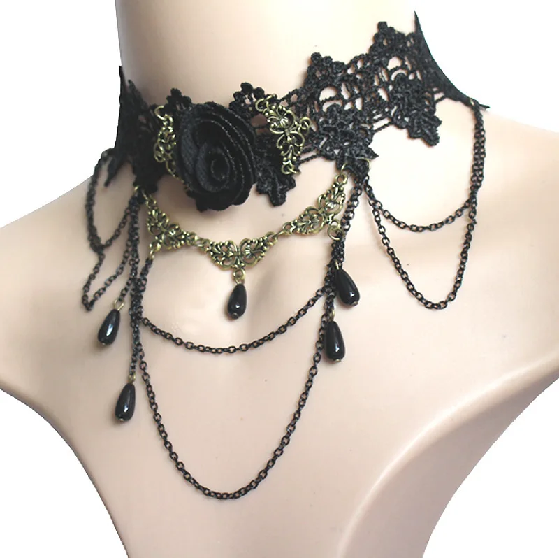 Exaggerated Fashion Lace Necklace Black Rose Blossom Gemstone Pendant Neck chain Simple Fashion Necklace