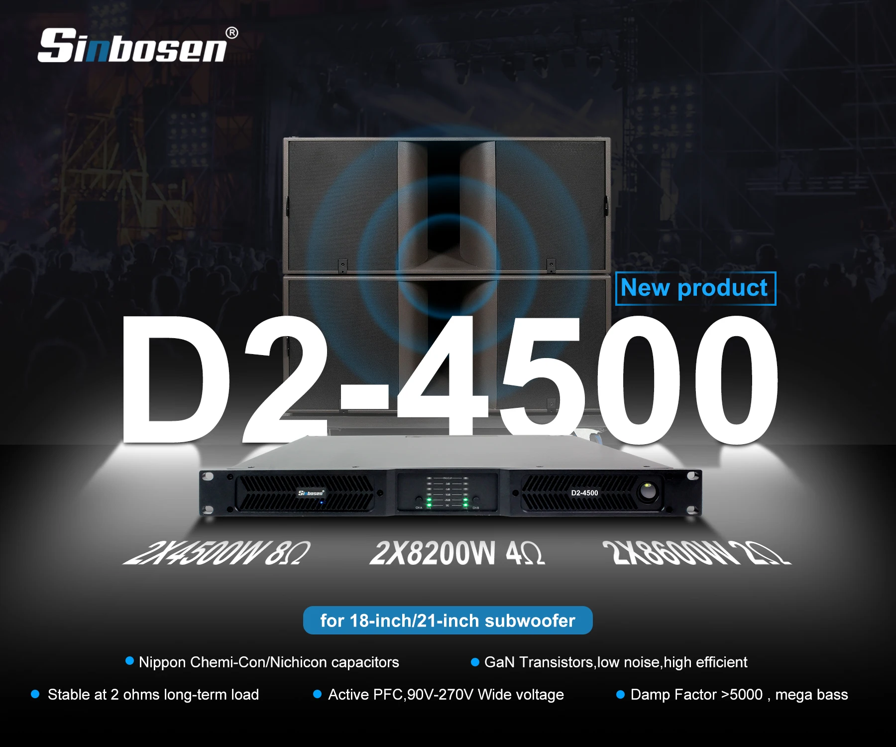 Nippon chemi-con capacitor 4 channel 2 ohms stable digital class d power amplifier 5000 watts