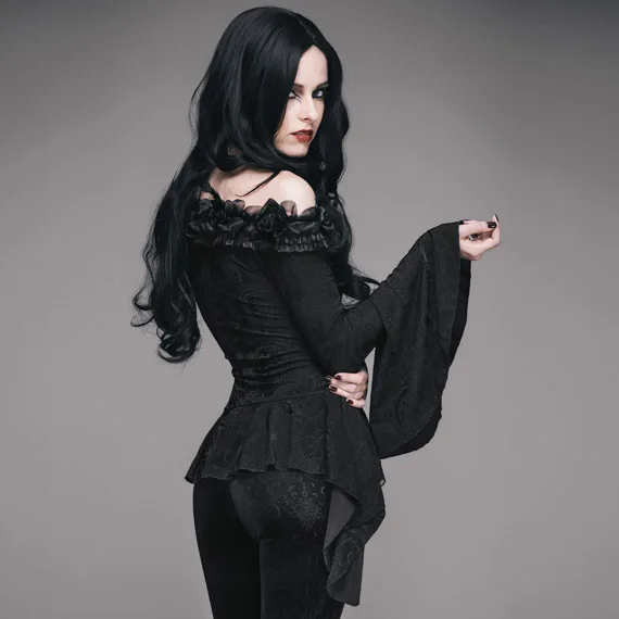ETT002 Eva lady adjusted ribbons floral pattern flat shoulder flared sleeves sexy women lace up gothic t-shirts with flowers