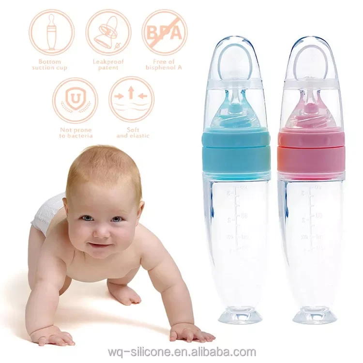 Multifunction High Quality Silicone  Squeeze Feeding Silicone Spoon Baby Feeding Bottle With Spoon 90ml