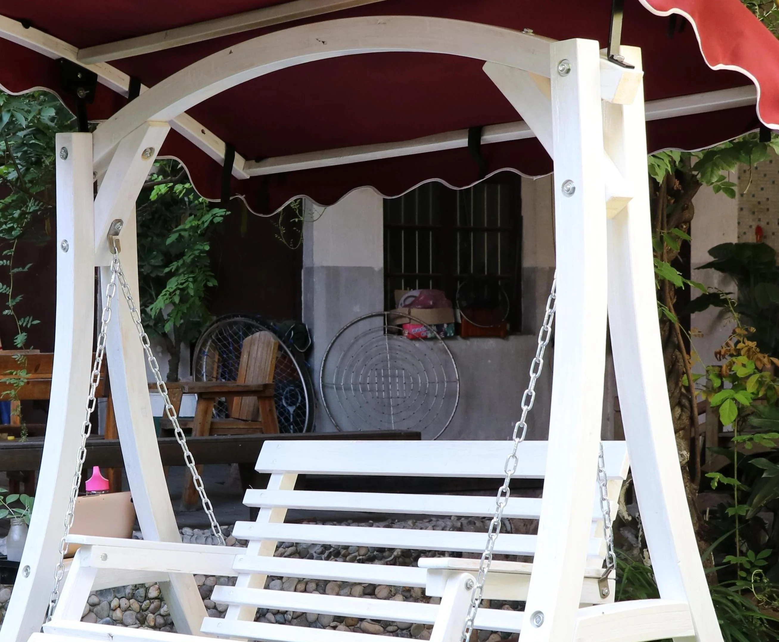 White solid wood with chain porch swing for outdoor garden play and leisure