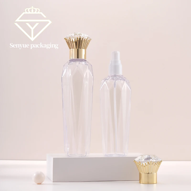 Luxury Diamond Cap Toner Large Capacity Emulsion Bottle PET Wash and Care Wide Mouth Bottle Packaging Materials