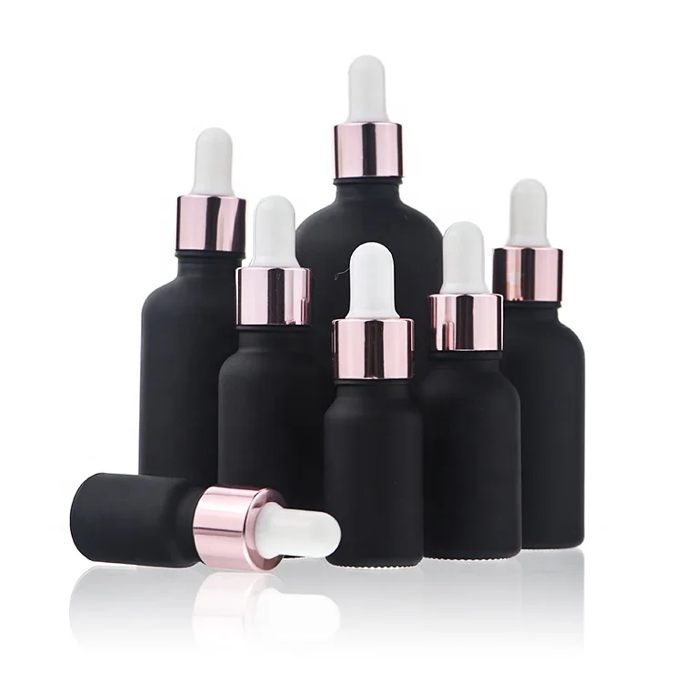 Hot Sales 5ml 10ml 15ml 20ml 30ml 50ml 100ml Matte Black Essential Oil Serum Glass Dropper Bottle With Rose Gold Dropper Cap
