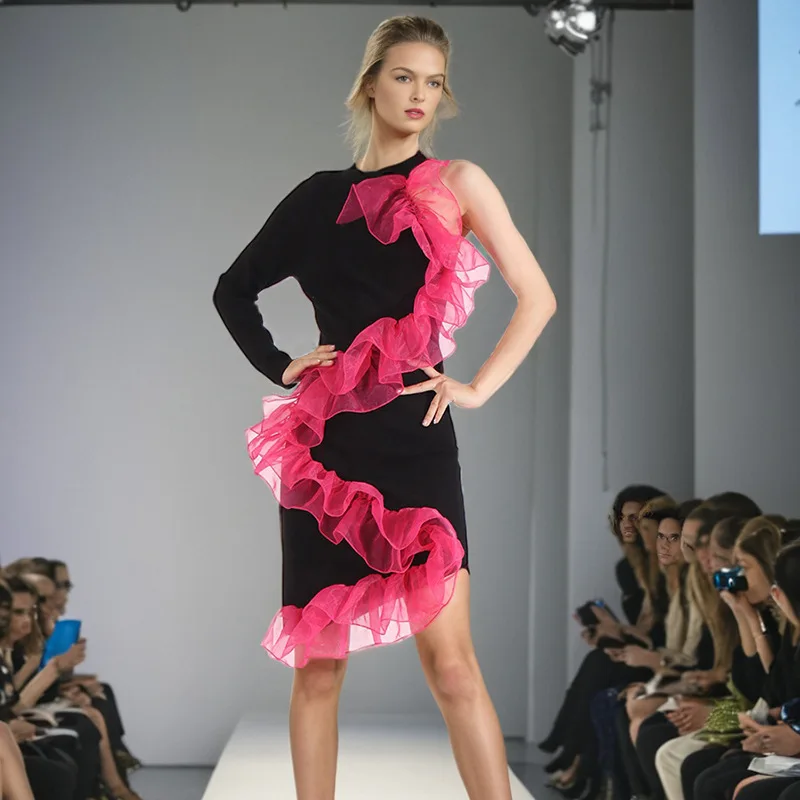 Bettergirl 2025 New Fashion Slim-fit Dress O-neck Mesh Stitching Design Sense Single Sleeve Senior Sense Dress