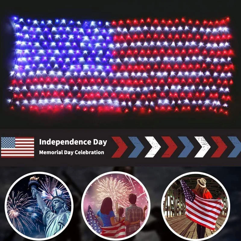 Hot Sell 2 x1M 110V American Flag Net Light with 420 LED Waterproof Led Flag Net Light for Yard Garden Decoration