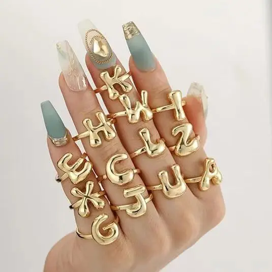 Bubble Initial Gold Ring Women Dainty Balloon Letter Rings 14k Gold Plated Open Alphabet A-Z Adjustable Unique Fashion Jewelry