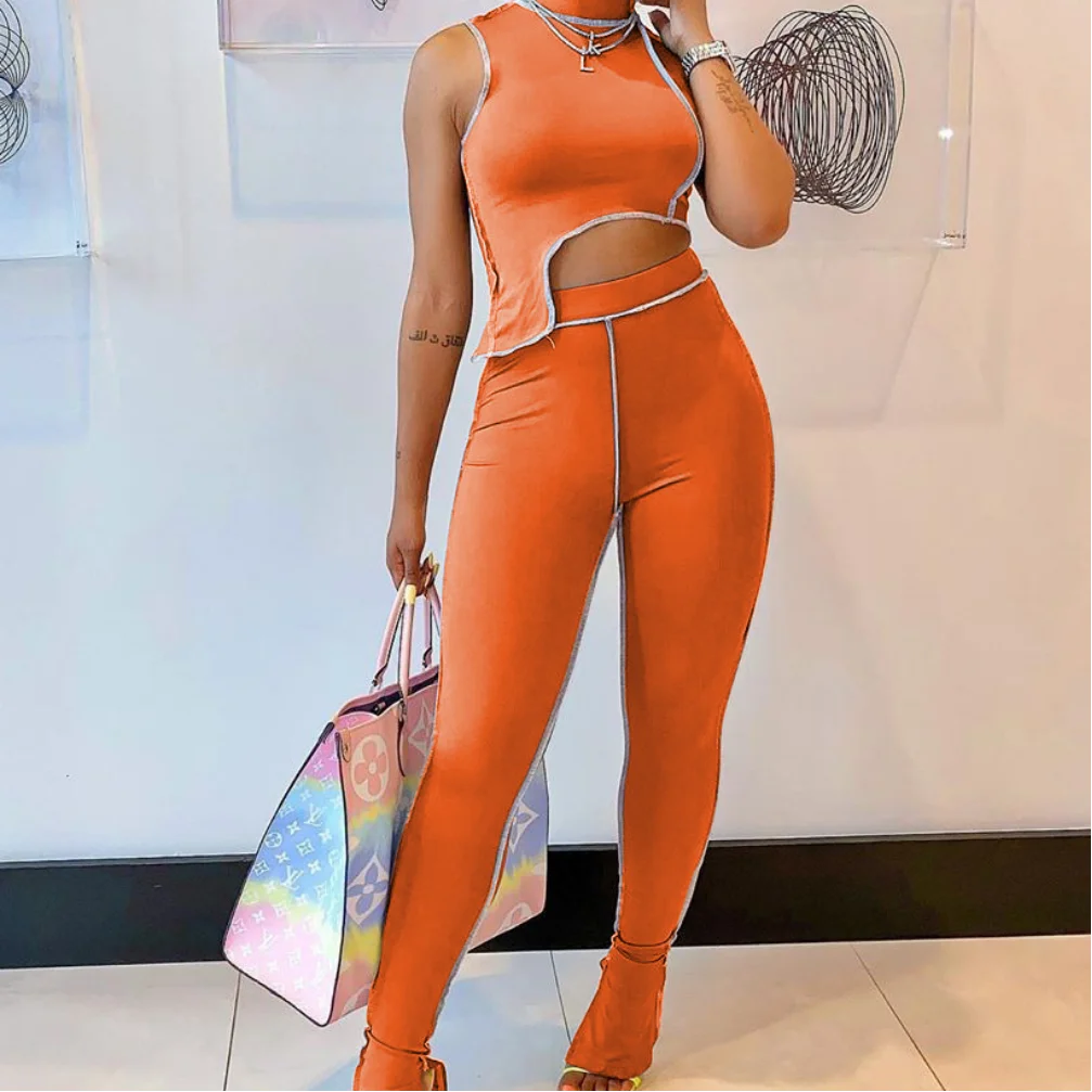 RS463 Fashion character style women two-piece sets stand collar sleeveless crop top & long pants solid color tight sport suits