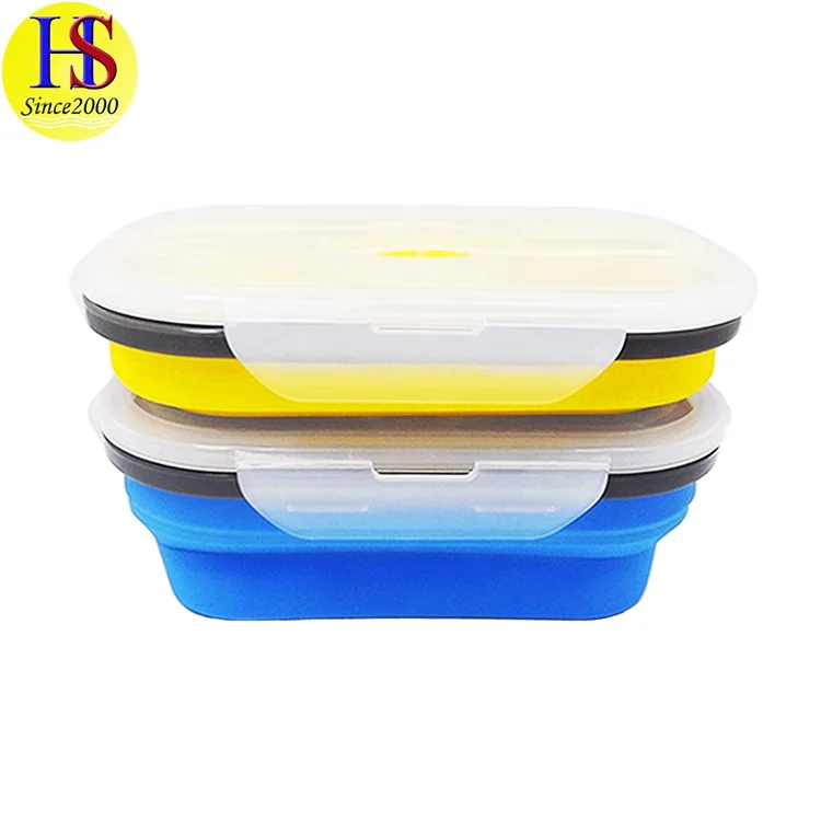 Functional Foldable Rectangle Silicone Bento Lunch Box Set for Kids Food Safe Collapsible Storage Plastic Spoon Fork