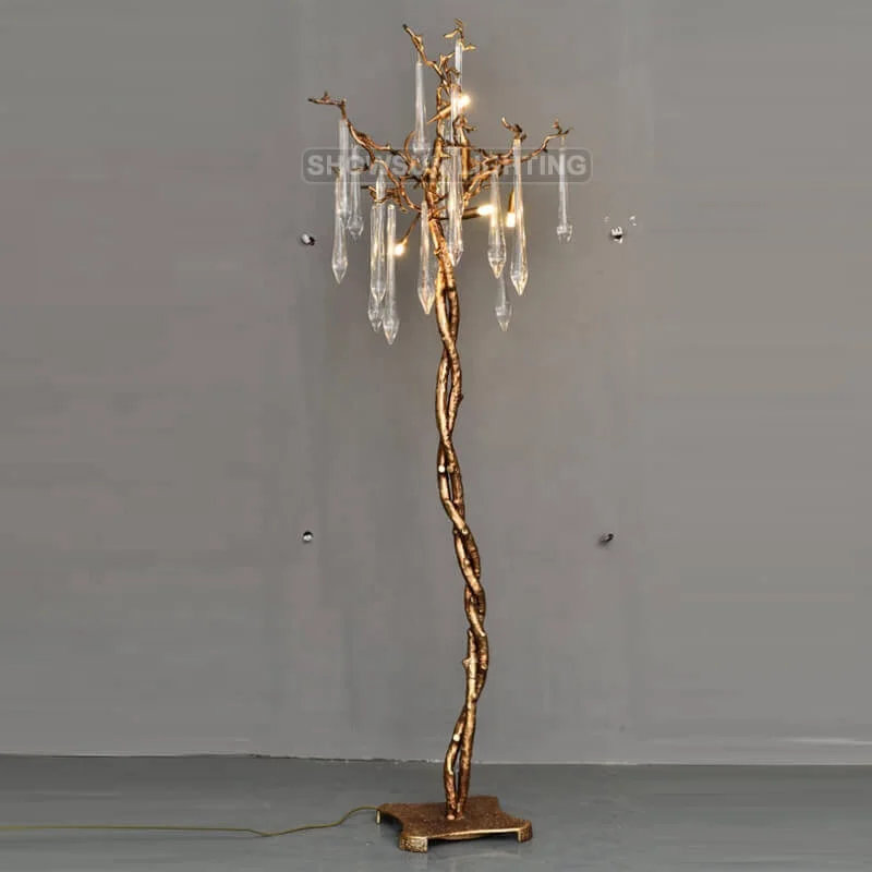 Luxury Water Drop Copper Brass Tree Branches Crystal Floor Standing Lamp