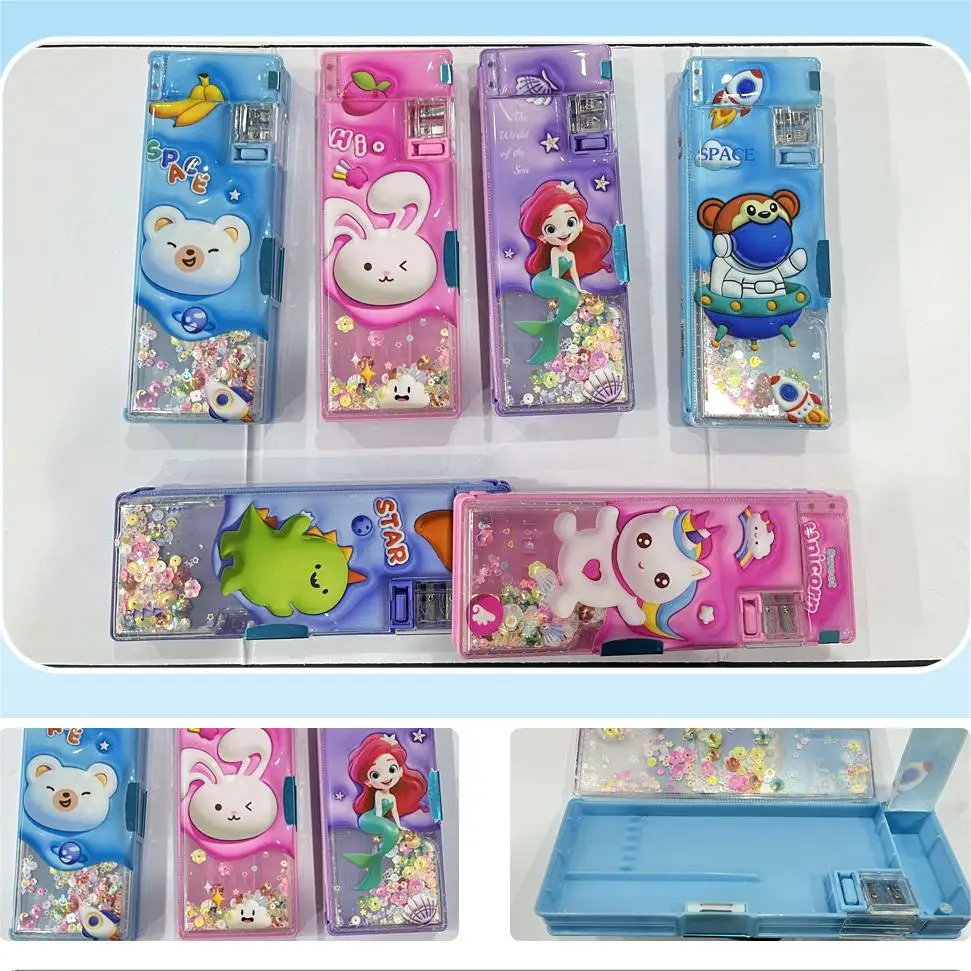 Cartoon-Themed PVC Pencil Case with Press Button Built-In Sharpener School Supplies and Stationery Gift