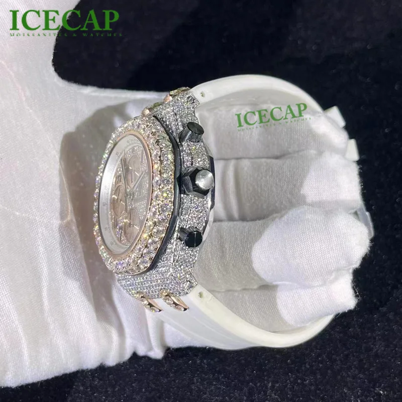 Hot white rubber Automatic mechanical Arabic digital watch Luxury brand men women Ice  Moissanite Diamond watch