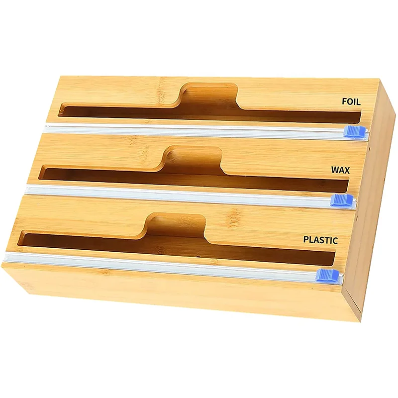 Bamboo Kitchen 3 In 1 Plastic Wrap Aluminum Foil and Wax Paper Roll Dispenser Organizer Holder with Cutter