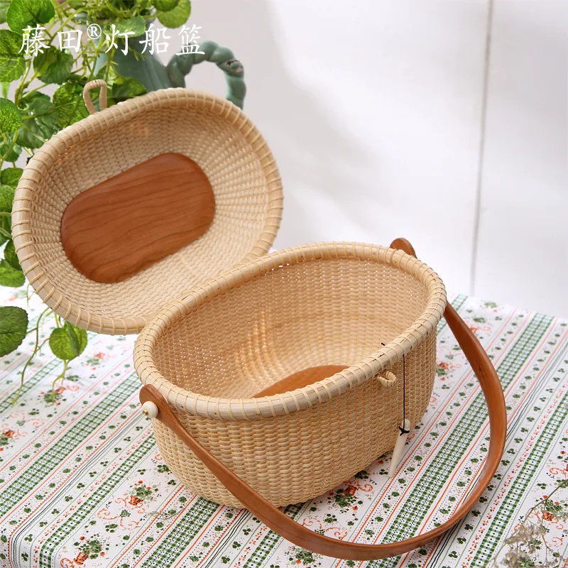 Camping Picnic Basket with Double Lids Storage Vine Basket Bamboo Rattan Weaving Storage Basket