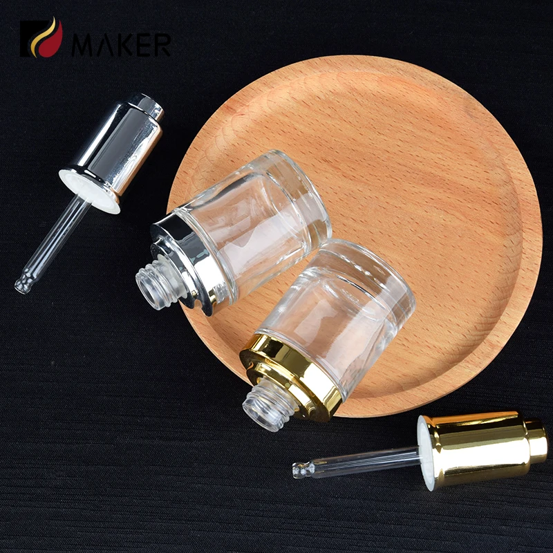 Glass Bottle Supplier 15ml 25ml 30ml Golden Press Skincare Essential Oil Cosmetic Vendors Essence Serum Dispenser Dropper Bottle