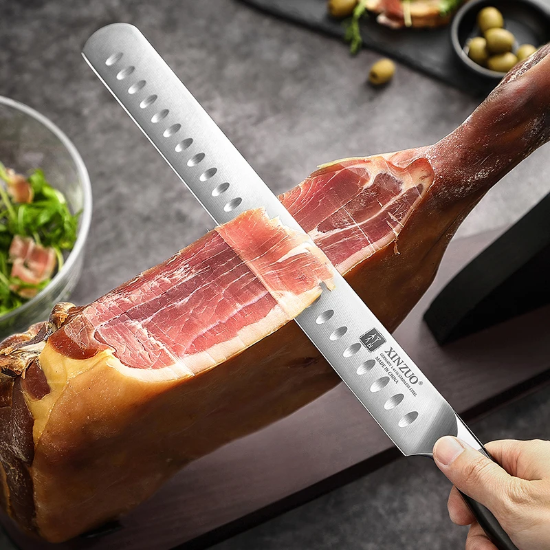 XINZUO New Premium Ebony Wood Handle German 1.4116 Carbon Stainless Steel Kitchen Slicing Knives Granton Carving Knife