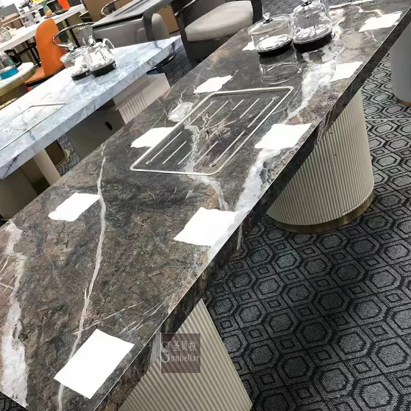 Factory supply luxury modern coffee table marble top gold stainless steel living room Chinese tea table with kung fu tea pot