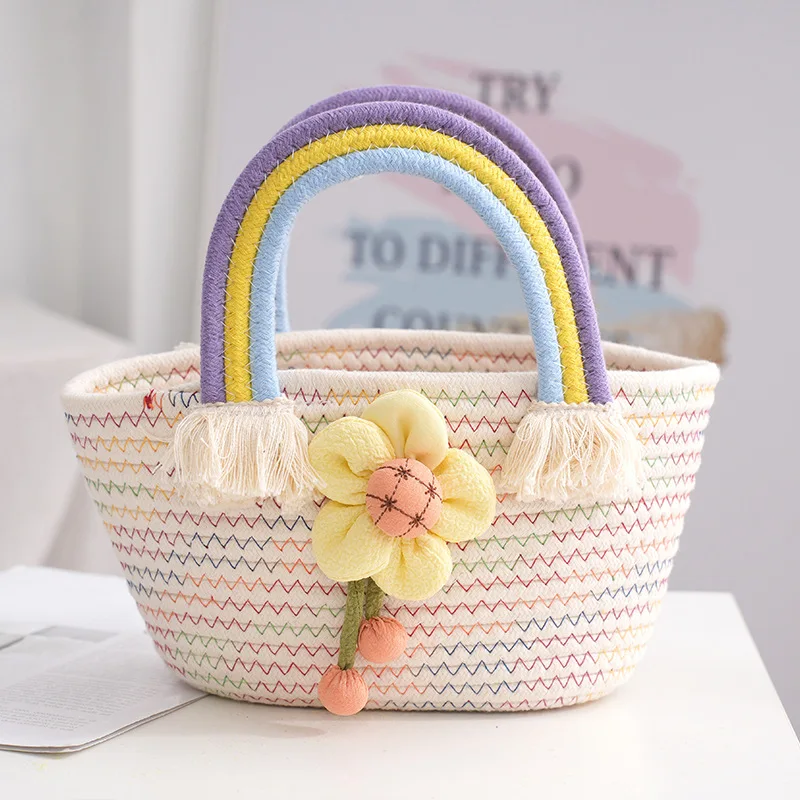 Wholesale cute cotton rope bags woven baby baskets, cotton rope rainbow baskets