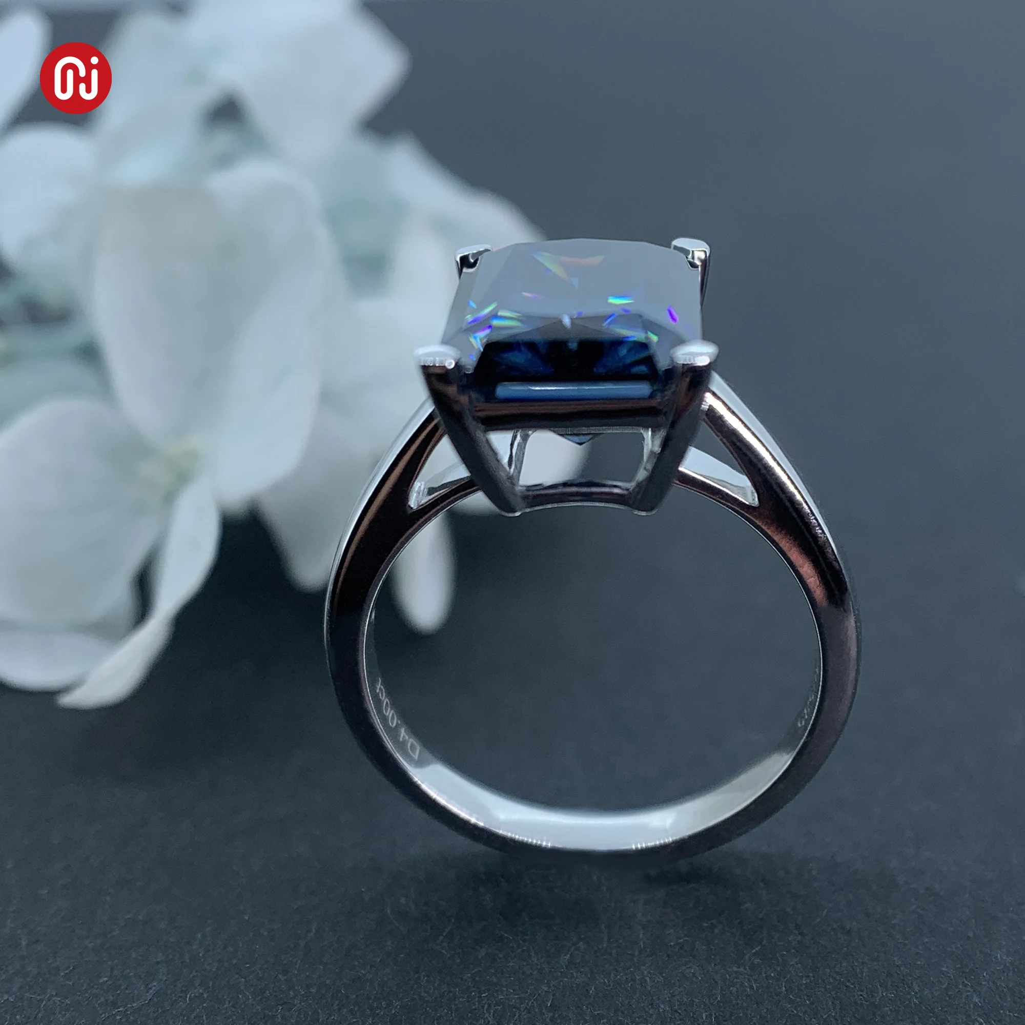 GIGAJEWE total 4.0ct  8x10mm Dark blue color  Emerald Cut Ring  9K/14K/18K White Gold , Moissanite Ring for women Gift