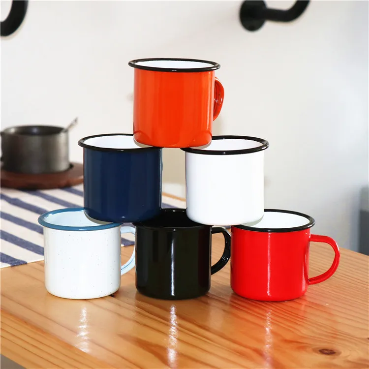 Custom logo enamel white mug, custom steel enamel camping mug, sublimation printing metal enamel cup