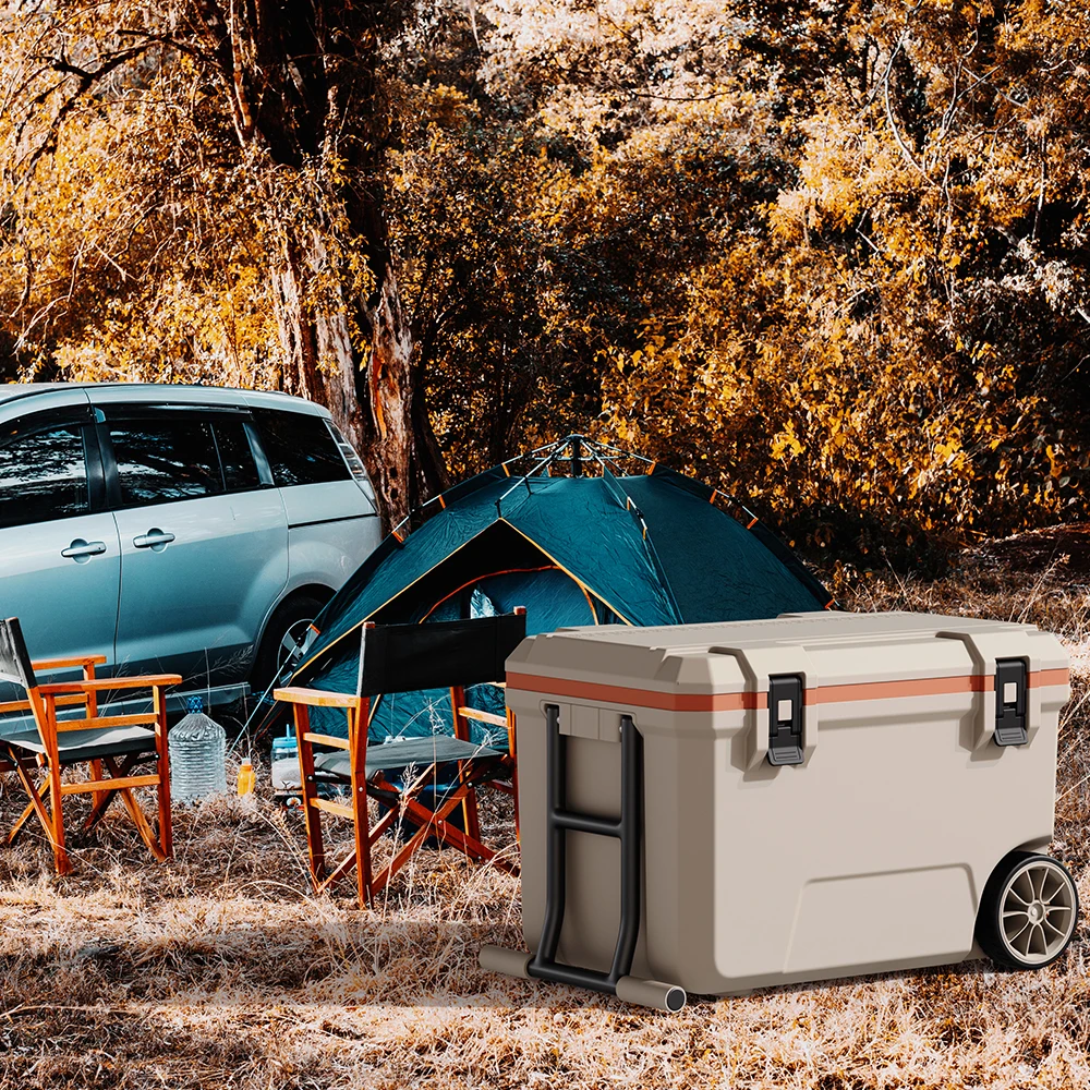 50L Wheeled Cooler Large Capacity Mobile Cooler Camping Picnic Lunch Box Food Storage Hard Cooler Box