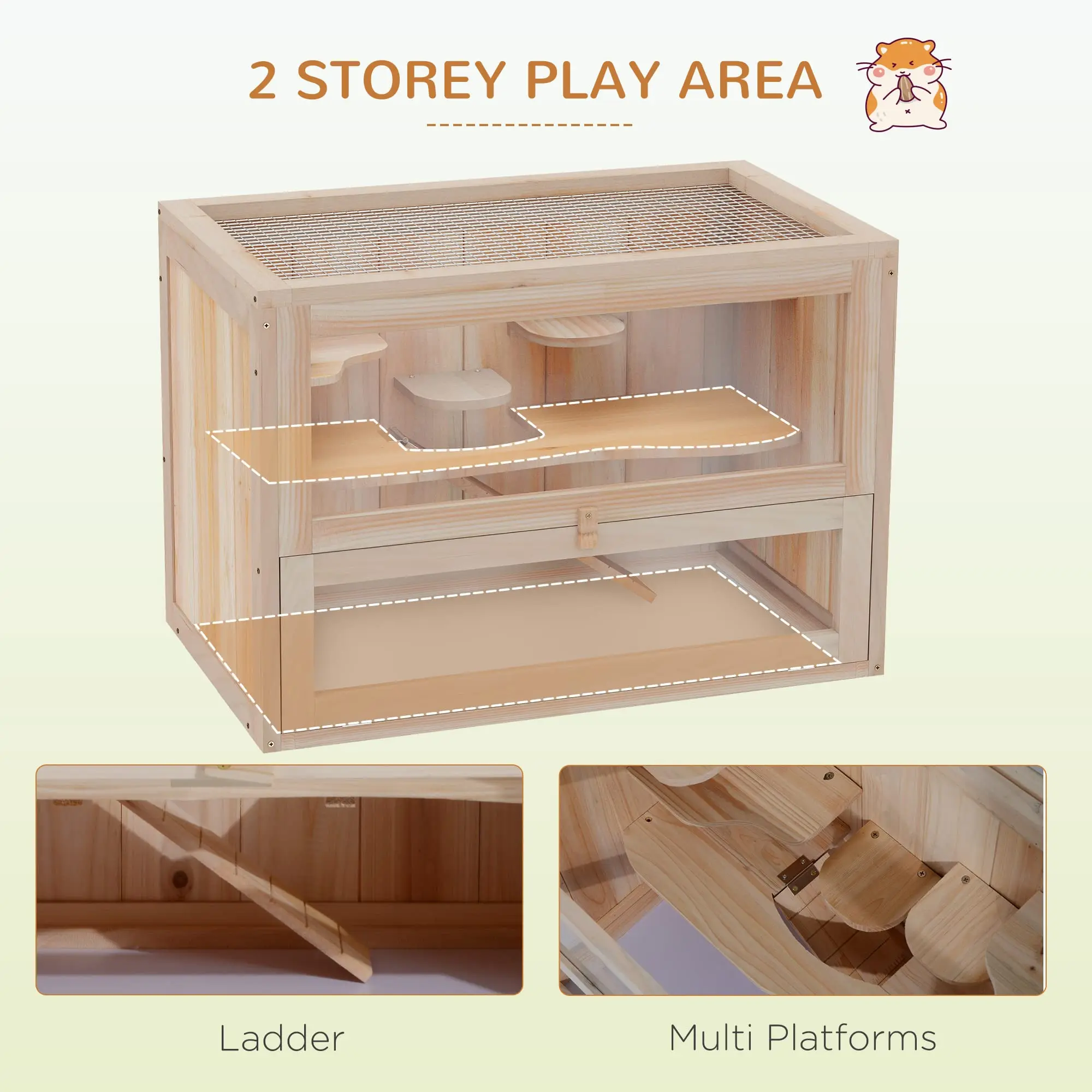 Chinchilla Cage Hutch Wood Hamster Cage Chilochilo Wooden for Dwarf Hamster 2-tiers with Shelf and Ladder Natural Pet House