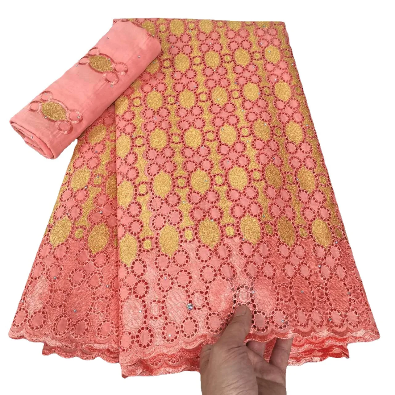 LS321 Popular Swiss Voile Hollow Embroidery Cotton Fabric With Rhinestones For African Dress Clothing Lace Fabric