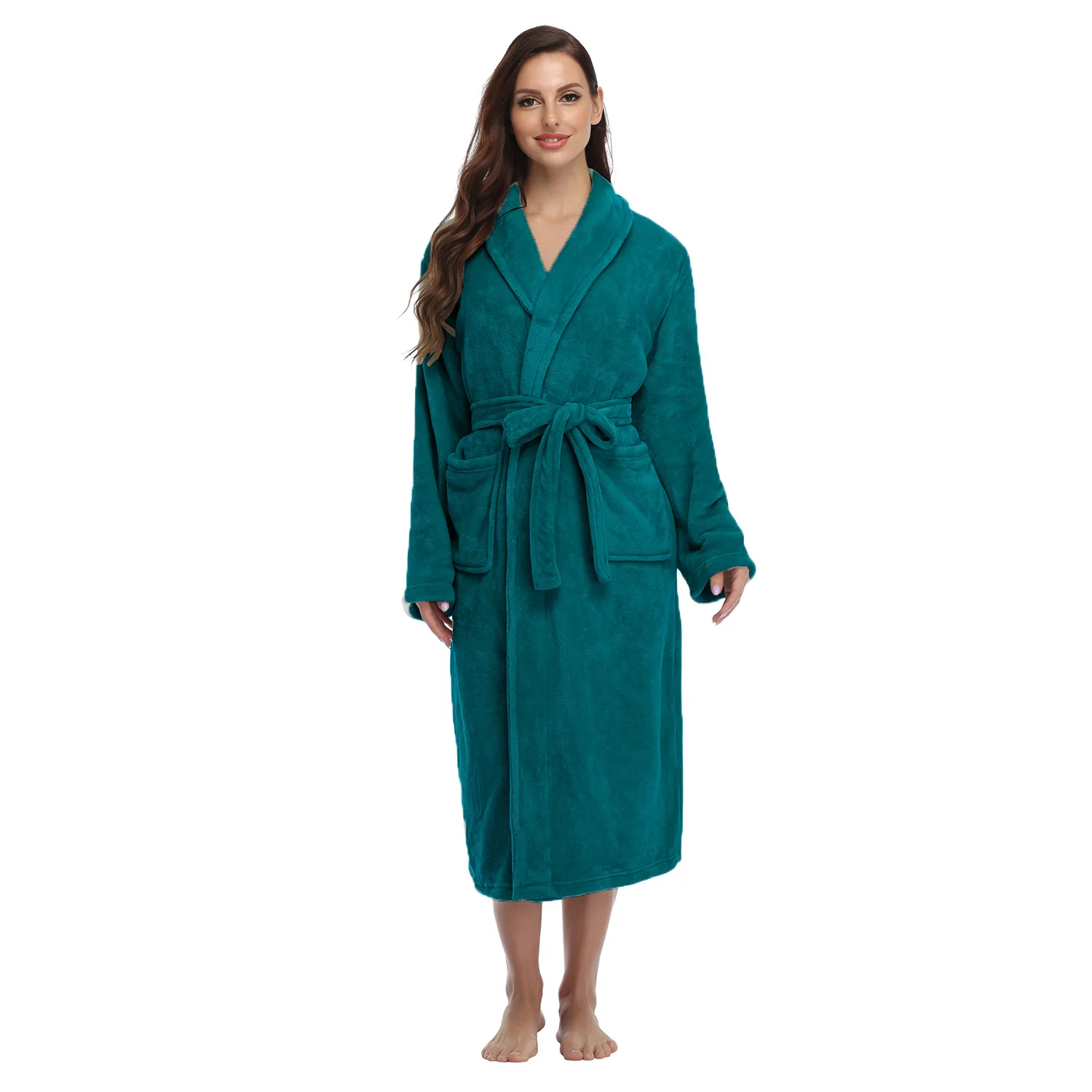 Aoyema Custom Luxury flannel fleece Shawl Collar bathrobes women Robe Sleepwear with Pockets and Waistband